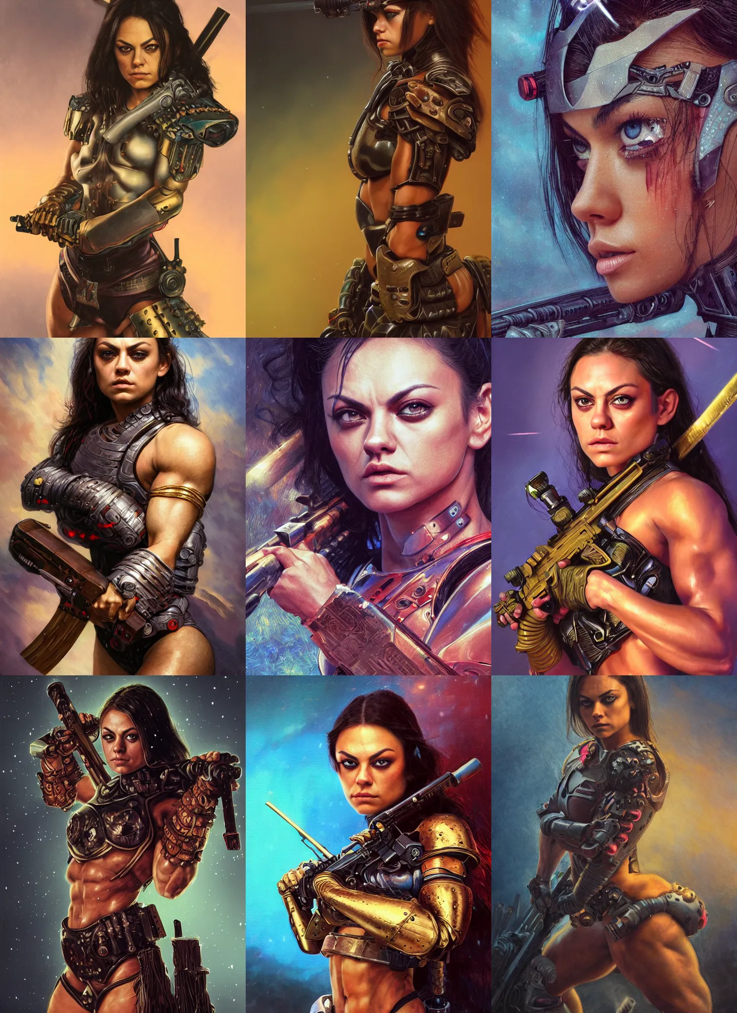 Prompt: bodybuilder mila kunis closeup portrait of a beautiful biblical diabolical samurai girl holding a rifle, cyborg neon armor, foggy fireflies, cinematic studio light, golden hour, gerald brom, mikhail vrubel, peter elson, muted pastel colors, extreme detail, light rain, trending on artstation, 8 k