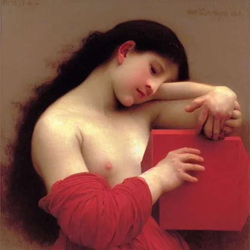 Prompt: Angel crying on top of a red ocean cube, oil painting by William-Adolphe Bouguereau