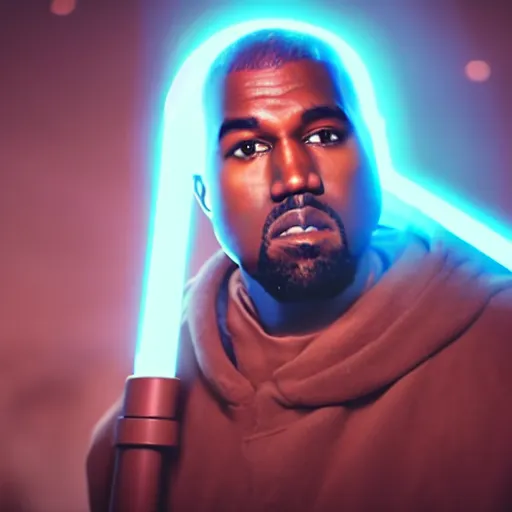 Image similar to Portrait of Kanye West as a jedi, splash art, cinematic lighting, dramatic, octane render, long lens, shallow depth of field, bokeh, anamorphic lens flare, 8k, hyper detailed, 35mm film grain