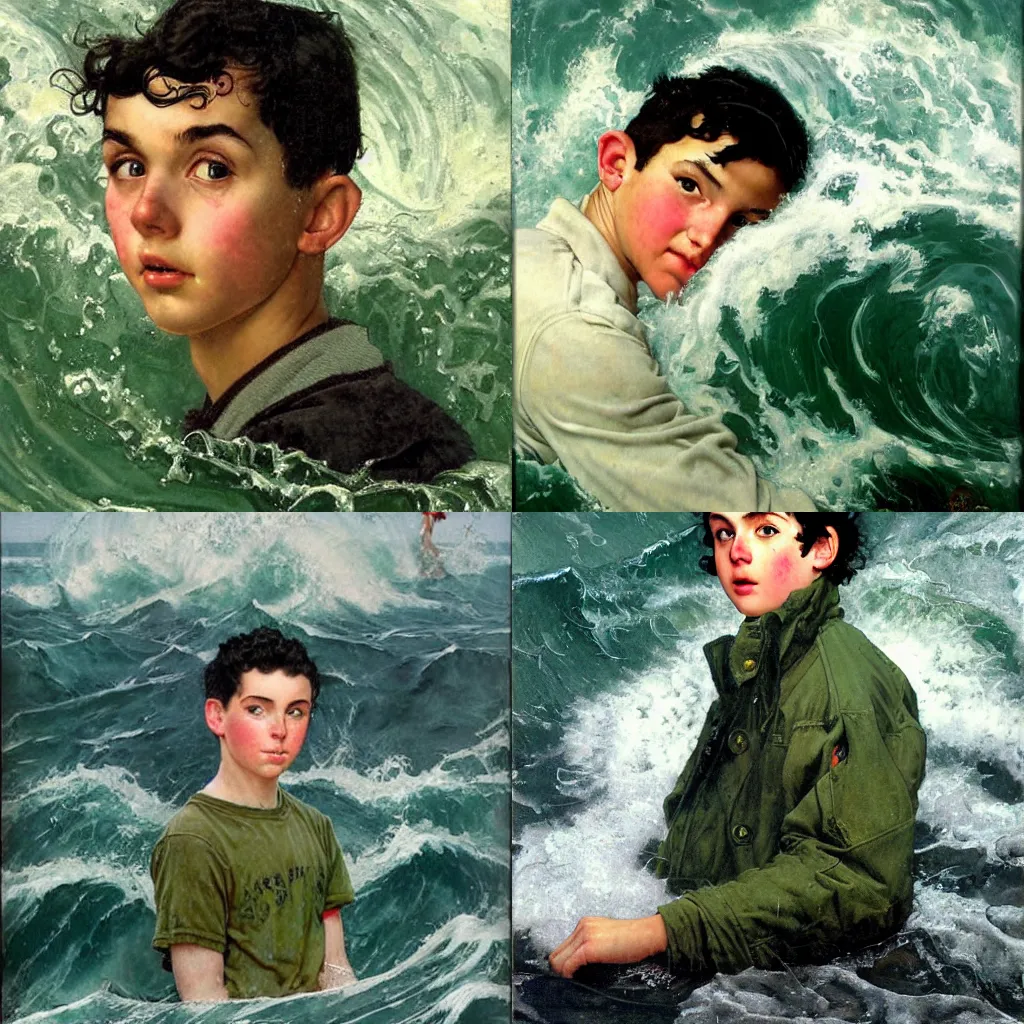 Prompt: photograph of a teenage boy with black hair and sea green eyes standing in the eyes of a Hurricane as waves and water crash around him by Norman Rockwell, WLOP. Masterpiece. Rule of thirds