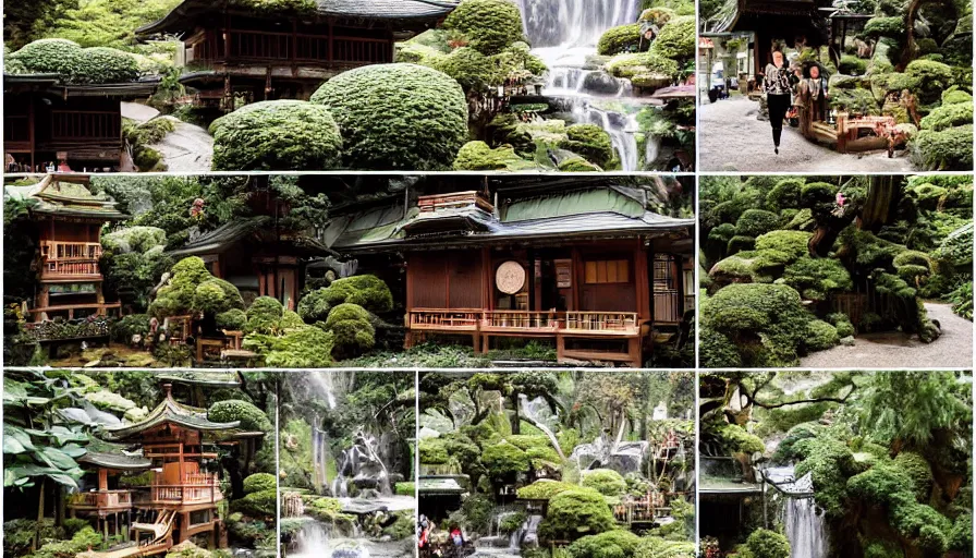 Image similar to A secret dreamy Japanese Victorian style cozy cabin cafe neighborhood city behind a waterfall with many glowing lanterns and ornate creative decorations by Gucci, lush plants and bonsai trees, fashionable people walking around, mossy rocks, bookshelves, floating koi fish, hazy, magical feeling vibes, hidden tiny houses, style by Wes Anderson and James Jean