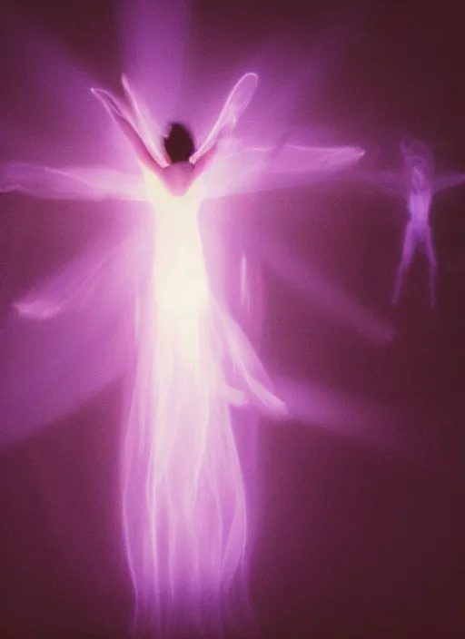 Image similar to female ascending into the sky, glowing aura, motion blur, long exposure, film grain, cinematic lighting, experimental film, shot on 1 6 mm