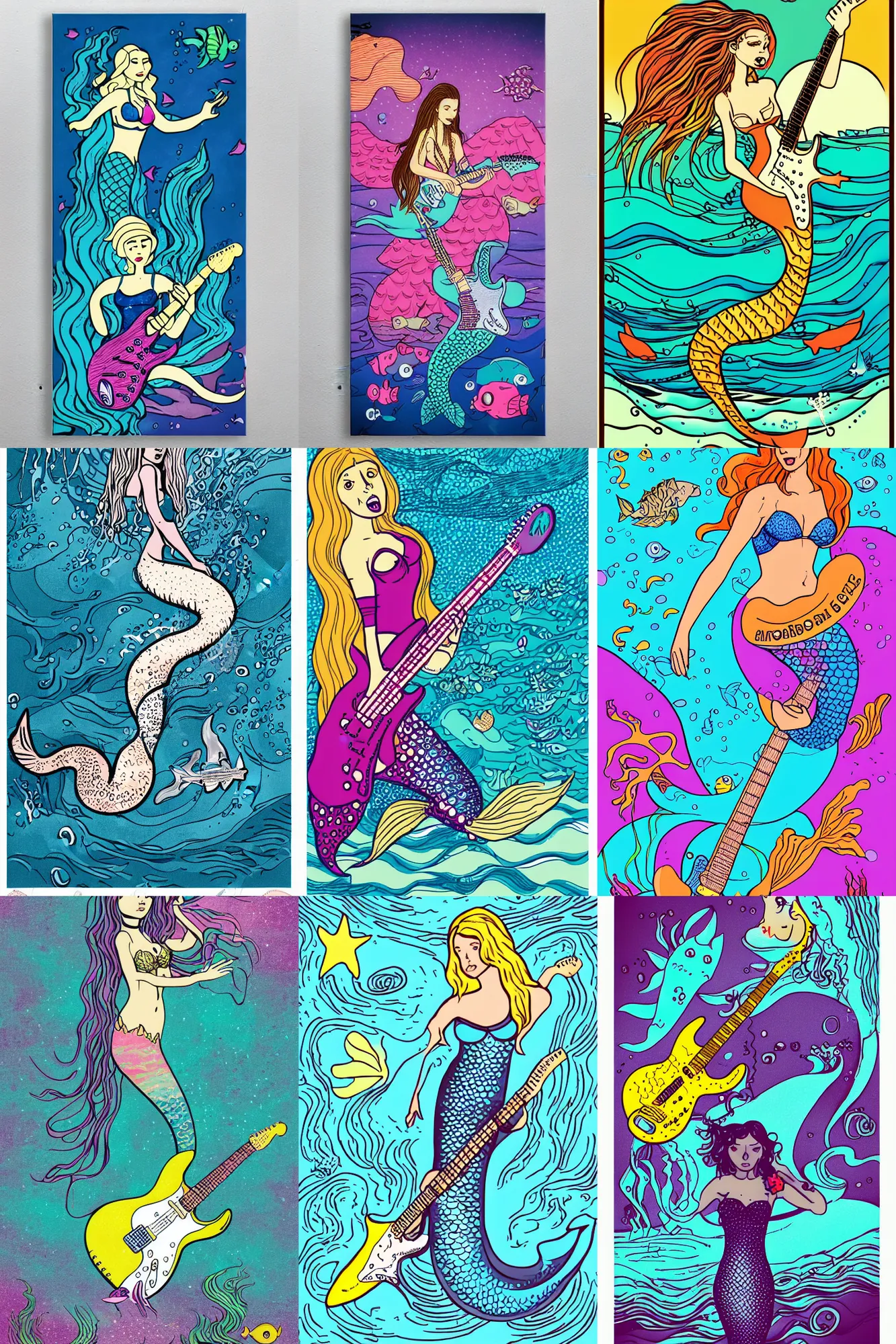 Prompt: illustration of a mermaid playing an stratocaster electric guitar, under the sea, limited colours, poster