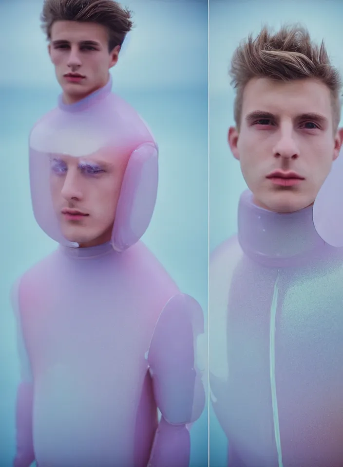 Image similar to high quality pastel coloured film portrait photograph of one beautiful young 2 0 year old male, soft features, short hair, wearing perspex space suit and oversized inflated clothing!! icelandic black rock pool environment. atmospheric three point light. photographic. art directed. ( pastel colours ). volumetric. clearcoat. waves. 8 k. filmic.