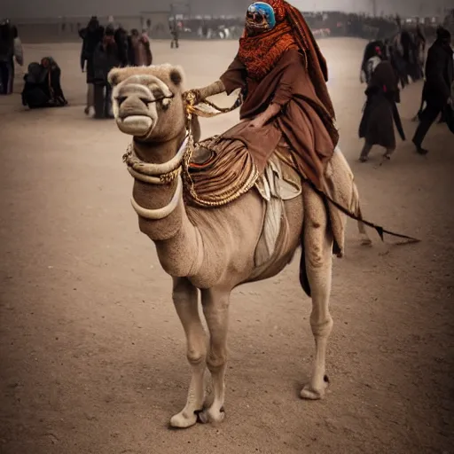 Image similar to anna forsterling and saul bromberger, yulia nevskaya, pulitzer, photorealistic, bokeh, fine hyperrealistic details, intricacy, aesthetic / woman wear burqa ride camel and handling gun in shaaran