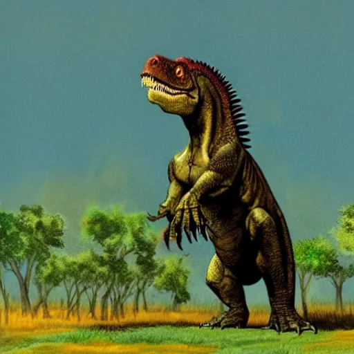 Image similar to tyrannosaurus rex standing in a prehistoric savannah, concept art by frank miller