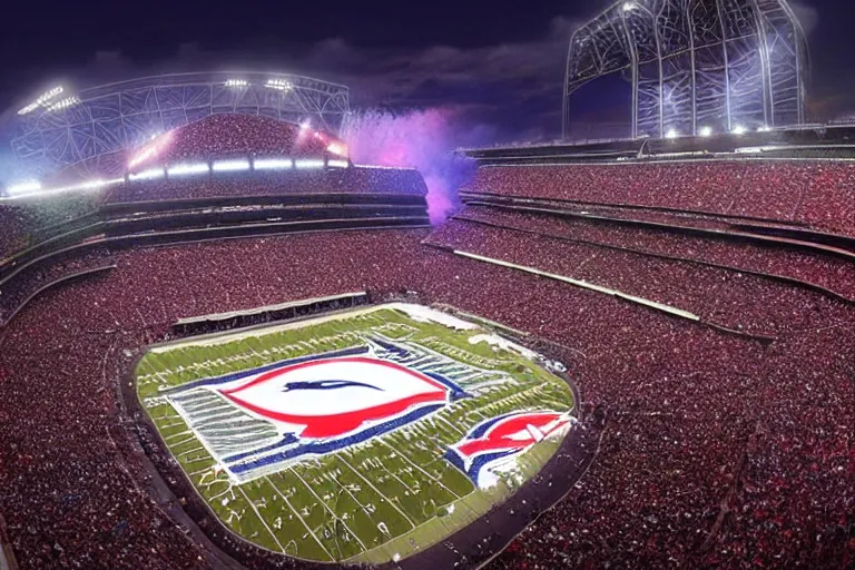 Image similar to !dream a flying whale zooms over an NFL stadium with fireworks cinematic lighting