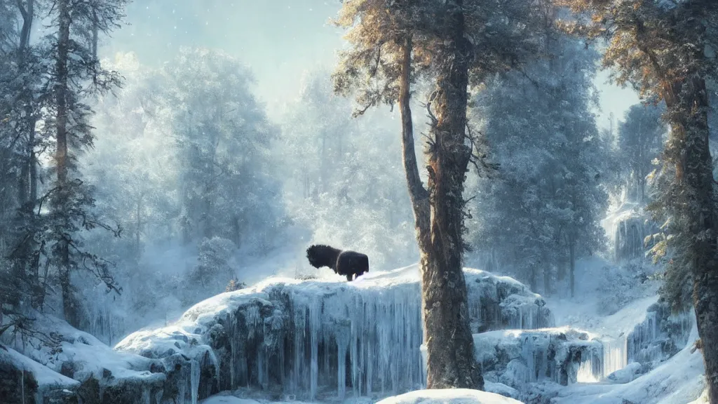 Image similar to the most beautiful panoramic landscape, oil painting, where a giant dreamy waterfall is frozen, the trees around have snow over their leafs, a majestic bison is exhaling steam and the ray lights of the sunrise are brightening him, by greg rutkowski