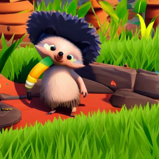 Image similar to hedgehog playing golf in sea of thieves, hedgehog wearing a pirate hat, cute, colourful, happy, adorable