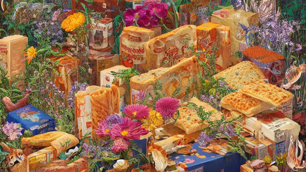 Image similar to highly detailed oil painting of a box of hot pockets surrounded by all the known species of flowers by olaf hayek, by moebius, by oliver vernon, by joseph moncada, by damon soule, by manabu ikeda, by kyle hotz, by dan mumford, by kilian eng