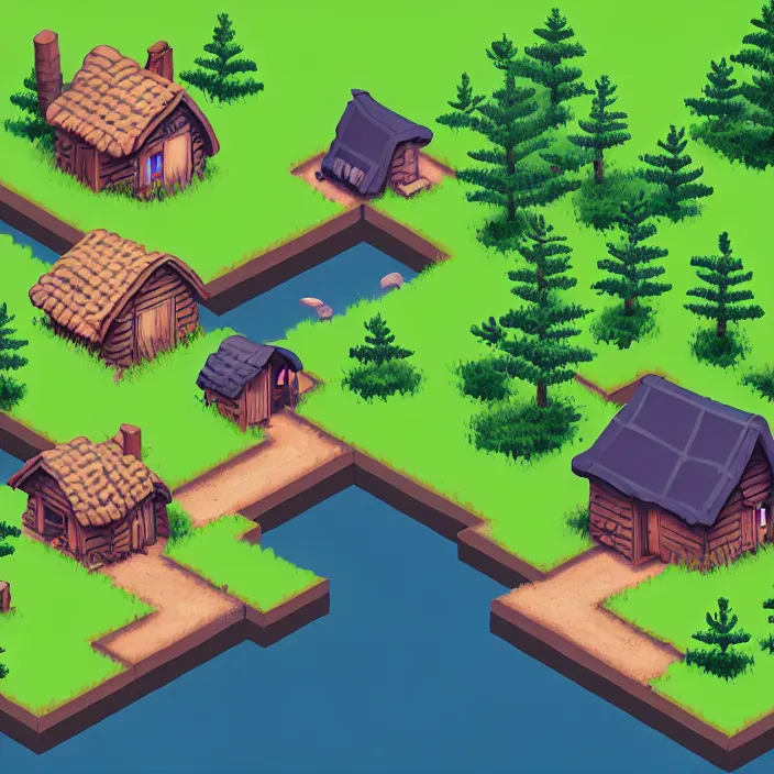 Image similar to isometric view of a cottage above an azure lake, beautiful game art, by thomas feichtmeir ( cyangmou ), by pixel jeff, by kirokaze, by waneella, by albertov, by junkboy, by retronator, clear focus, very coherent