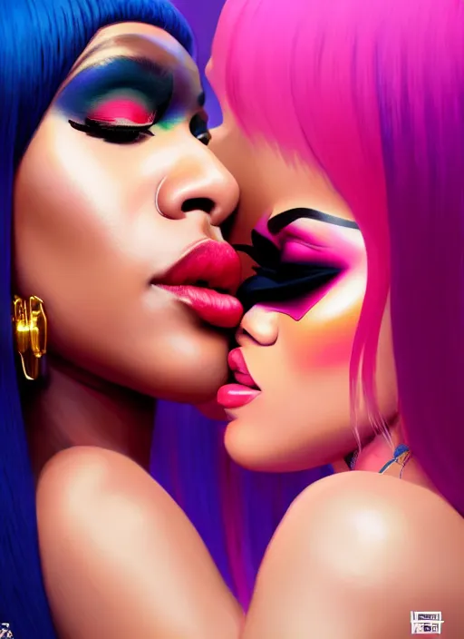 Prompt: nicki minaj is kissing cardi b, evangelion, au naturel, hyper detailed, sharp focus, bokeh, depth of field, digital art, trending in artstation, cinematic lighting, studio quality, smooth render, unreal engine 5 rendered, octane rendered, art style by klimt and nixeu and ian sprigger and wlop and krenz cushart