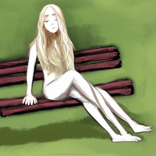 Image similar to an illustration of a young woman with long blond hair sitting on a green bench with her head in her hands, digital art, artstation