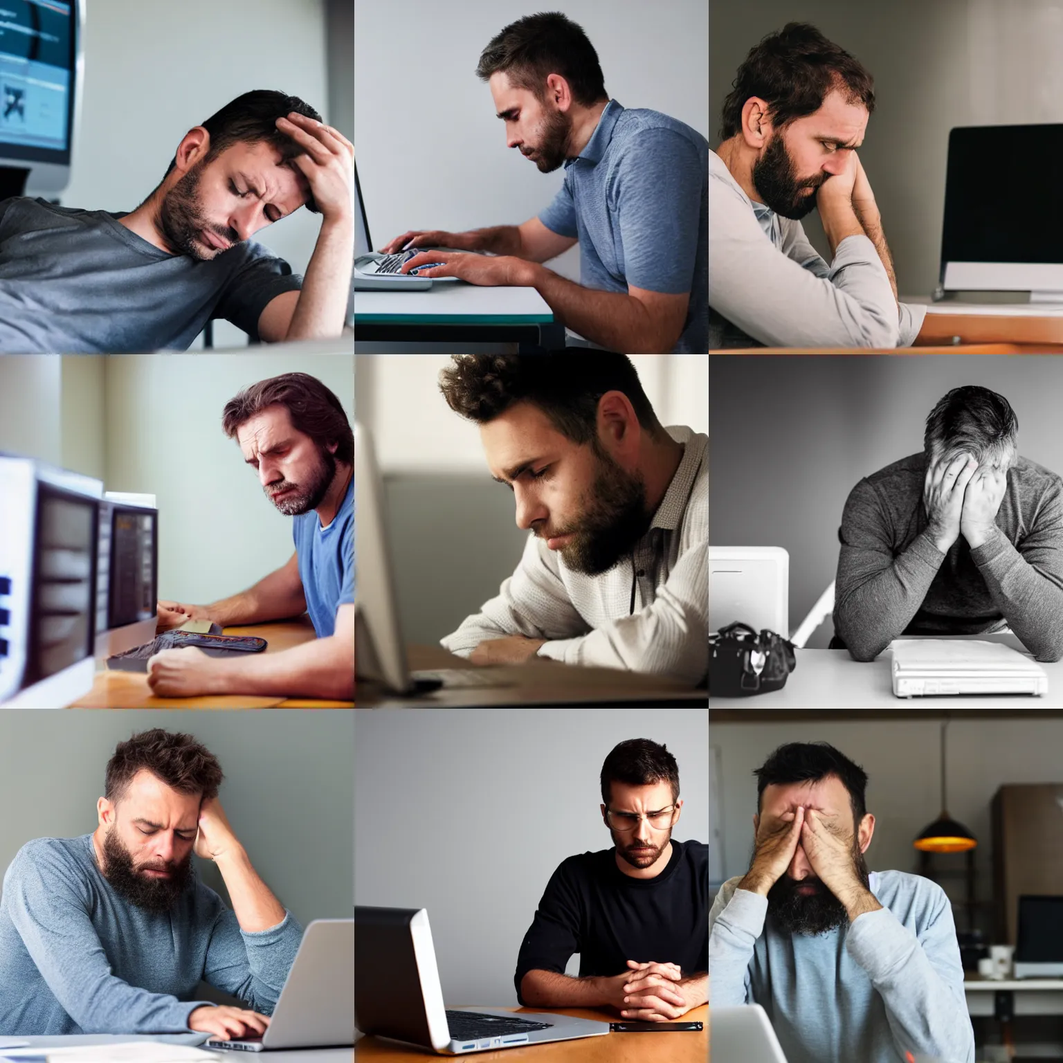 Prompt: exhausted man sitting at a computer