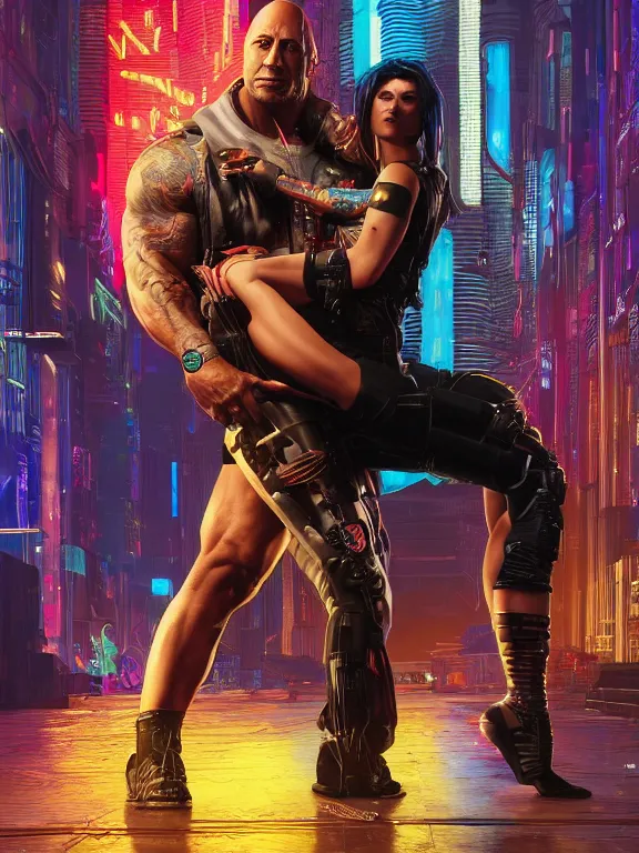 Image similar to a cyberpunk 2077 portrait of Dwayne Johnson holding a female android dancer with tango pose,complex mess of cables and wires behind them connected to giant computer, love moive,film lighting, by laurie greasley,Lawrence Alma-Tadema,William Morris,Dan Mumford, trending on atrstation, full of color,face enhance, highly detailed,8K, octane,golden ratio,cinematic lighting