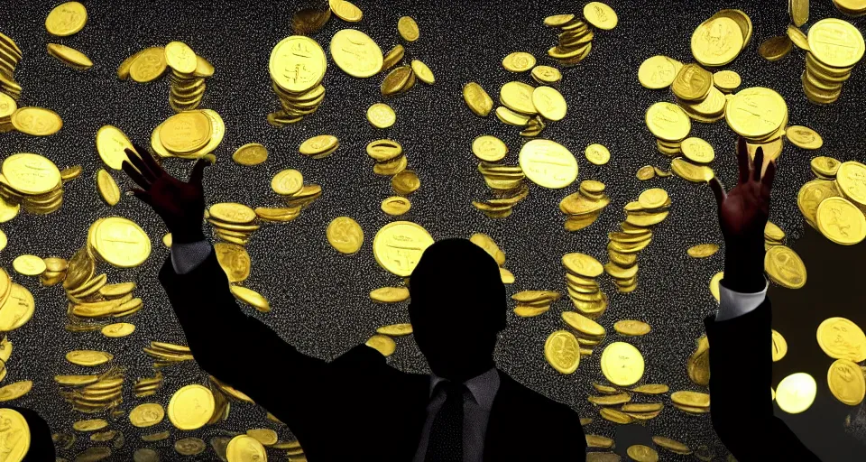 Image similar to Dramatic photo of a CEO waving goodbye to a group of silhouettes of his coworkers in a futuristic office. Golden coins are levitating all around them. 8k, high detail, trending on Artstation, volumetric lighting, cyberpunk