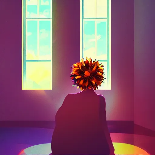 Image similar to closeup, giant flower head, woman next to modern windows, luxury apartment, surreal photography, dramatic light, impressionist painting, digital painting, artstation, james gilleard