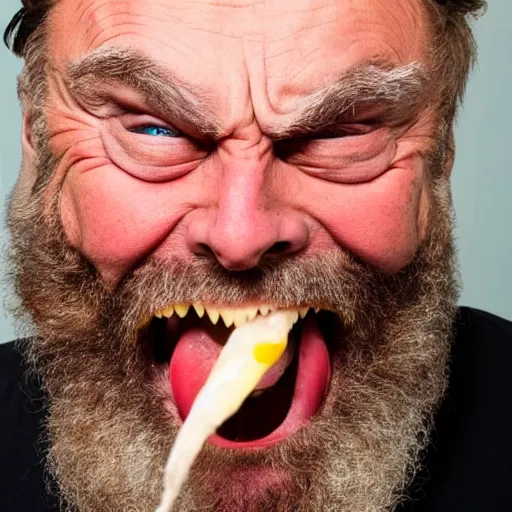 Image similar to close up shot of brian blessed swallowing a fish whole. photography, photographic