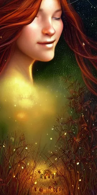 Image similar to infp young woman, smiling amazed, golden fireflies lights, sitting in the midst of nature fully covered, long loose red hair, intricate linework, green eyes, small nose with freckles, oval shape face, realistic, expressive emotions, dramatic lights mystical scene, hyper realistic ultrafine art by michael cheval, jessica rossier, boris vallejo, artgerm