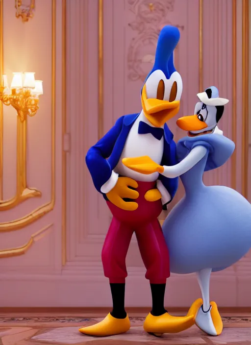 Image similar to cinderella and donald duck on a date the ritz, octane render, elegant, cinematic, elegant, intricate, 8 k