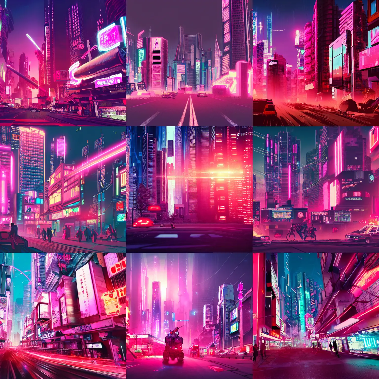 Prompt: cyberpunk city with pink and red neon light being attacked by giant apes