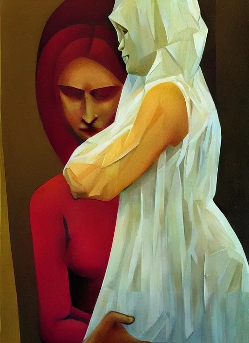 Prompt: two women hugging paper bag over the head translucent dress made of plastic bags Edward Hopper and James Gilleard, Zdzislaw Beksinski, highly detailed