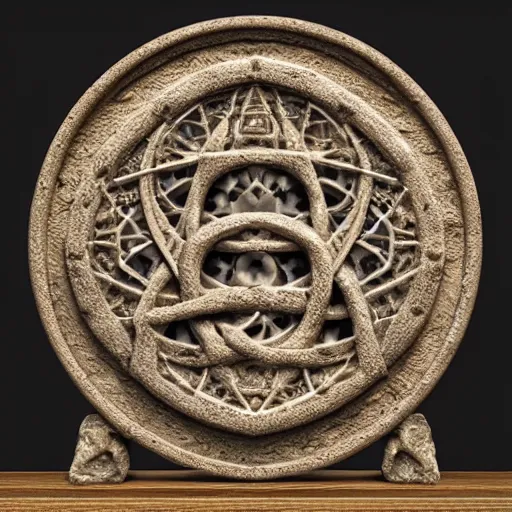 Image similar to interpretation of the legendary and mysterious alchemical Philosophers Stone, 3D printed model, resin, perlite and stone carvings and engravings, highly detailed and intricate, magical symbols, ornate, hyper-realistic, design studio, Zbrush central, 8k resolution, atmospheric lighting, opaque, by 3d artist Frank Guillen and artis Tyler Edlin