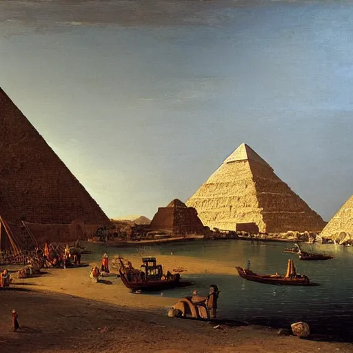 Prompt: A scenic view of the construction of the Great Pyramid of Giza, by Canaletto