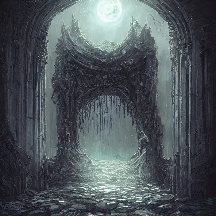 Image similar to gazing into the ominous dark etherial gate to the pitch black void, dark midnight, quiet and serene atmosphere, deviantart, concept art, intricate high detail masterpiece