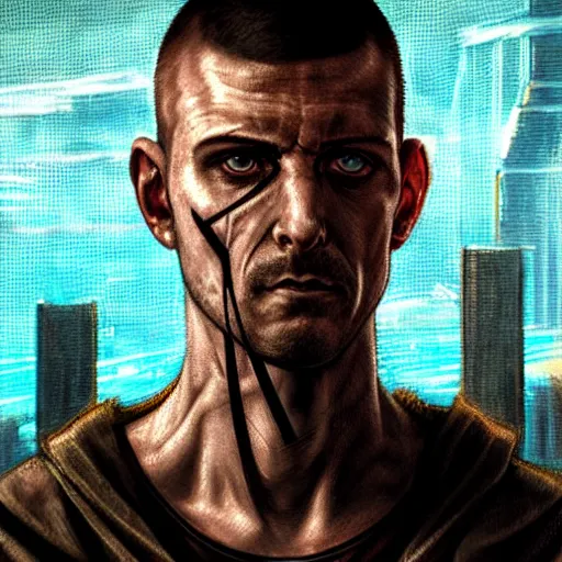 Image similar to cyberpunk, armitage, closeup portrait of a stoic ex soldier with a battlescar and light blue eyes, brown buzzcut, cyborg, dramatic light, city background, sunset, dystopian setting, high contrast, sharp, neuromancer, painted by stanley lau, painted by greg rutkowski, painted by stanley artgerm, digital art, trending on artstation