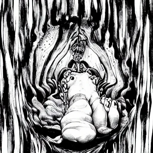 Prompt: Black and white illustration, The Concept of Fear, Creative Design, Human brain, Biopunk, Body horror, by Junji Ito