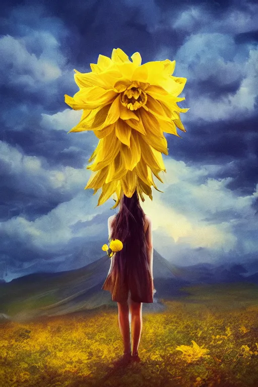 Image similar to closeup girl with giant yellow dahlia flower on head, standing on mountain, surreal photography, blue storm clouds, dramatic light, impressionist painting, digital painting, artstation, simon stalenhag