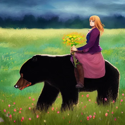 Image similar to girl riding a giant black bear in a field of flowers, trending on artstation