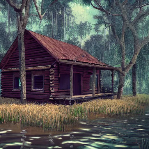 Prompt: digital concept art of old wooden cabin in florida swamp, trending on artstation