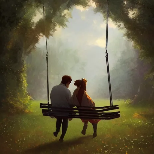 Image similar to a couple sitting on a swing together, blurred backround, back profile, beautiful, digital painting, artstation, concept art, soft light, hdri, smooth, sharp focus, illustration, fantasy, intricate, elegant, highly detailed, D&D, matte painting, in the style of Greg Rutkowski and Alphonse Mucha and artemisia, 8k, highly detailed, jurgens, rutkowski, bouguereau, pastoral, rustic, georgic