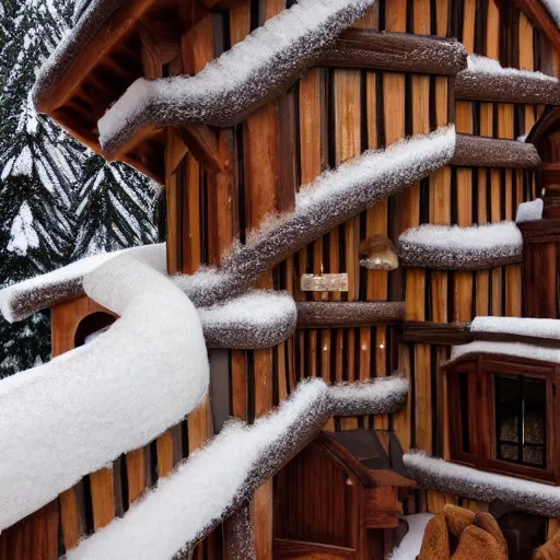 Prompt: house made out of snow built inside a chocolate world, scenic view, high quality photo, 4k