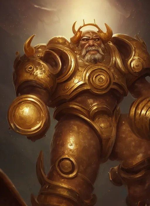 Prompt: a highly detailed illustration of gentle colossal golden horned greek mechanical giant, with cute doting eyes, intricate, elegant, highly detailed, centered, digital painting, artstation, concept art, smooth, sharp focus, league of legends concept art, wlop.