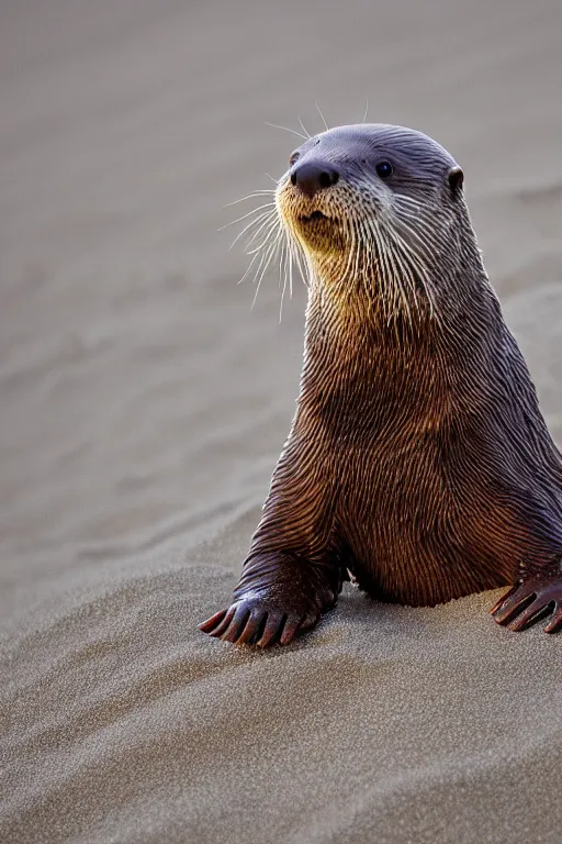 Prompt: beautiful photo of an otter in a sand beach in the early ours of the morning with morning fog and dew on the grass. sunrise. nature. photography. national geographic. detailed face and fur, ultra hd, sharp. volumetric lighting, hasselblad. nikon z 9. 1 0 0 mm. f / 2. 5