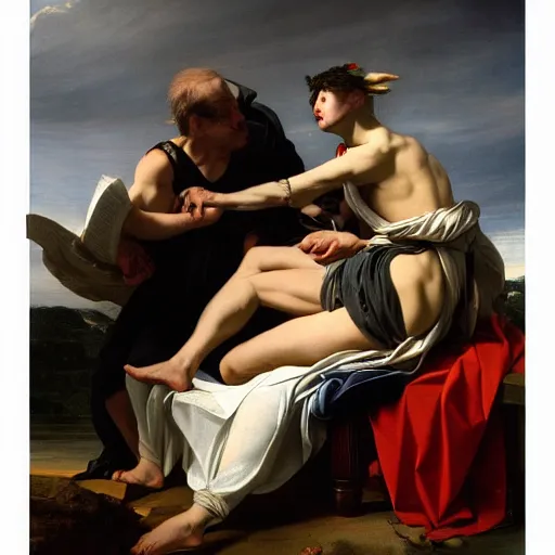 Image similar to grandiloquent enthralling covenant of the most dreadful and beautiful ambition, in the style of Howard Lyon, Jacques-Louis David, Caravaggio, Élisabeth Vigée Le Brun, dramatic lighting, establishing shot, detailed and clear beautiful realistic faces, 8k resolution – W 1024