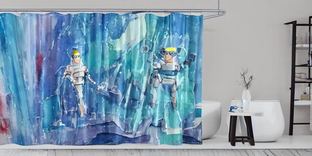 Prompt: shower curtain product catalog. wide - angle photo. on the curtain is a watercolor. the water color has ink under drawing of a mecha streisand ( south park ). wide - angle product photography of a shower curtain, product lighting. 4 k, highly detailed. saturated.