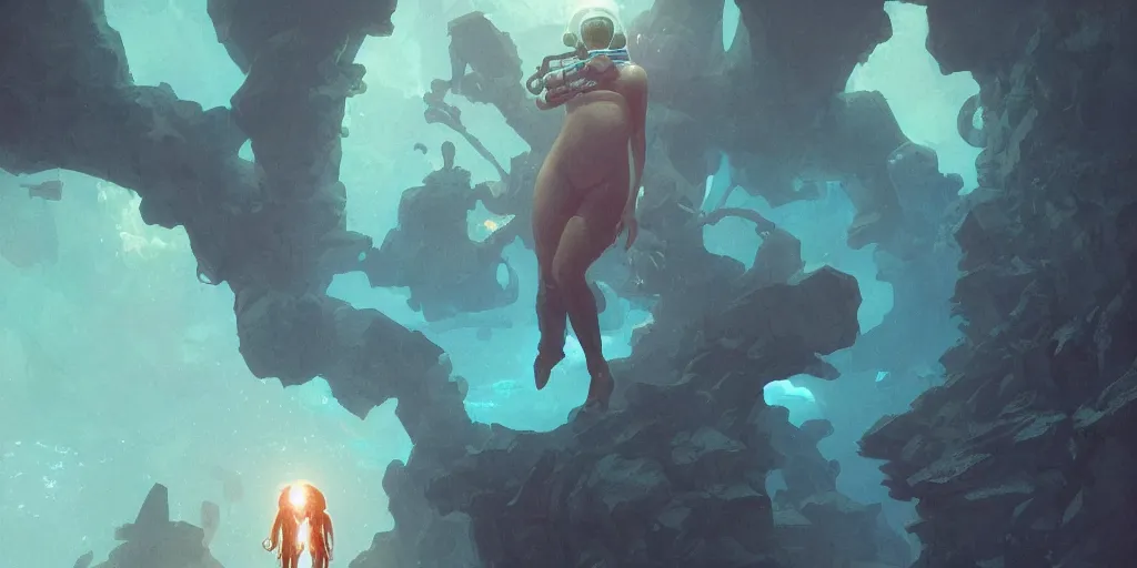 Prompt: Zoe Kravitz as an astronaut, underwater in the ocean at night, eerie atmospheric cave, volumetric lighting, glowing lights, 4k, octane, digital painting, artstation, concept art, sharp focus, illustration, art by artgerm and greg rutkowski and alphonse mucha wide angle view,