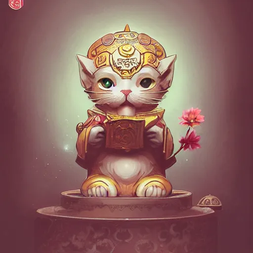 Image similar to A cute maneki neko waving, flowers around, D&D, fantasy, intricate, cinematic lighting, highly detailed, digital painting, artstation, concept art, smooth, sharp focus, illustration, art by Akihiko Yoshida, Greg Rutkowski and Alphonse Mucha