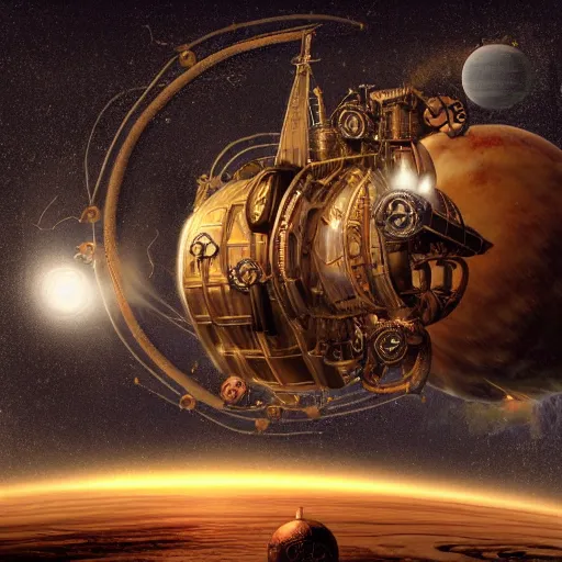 Image similar to A steampunk airship floating in front of a gas giant, by Kevin J. Anderson and Paul Witcover and William F. Wu and James Blish and Cory Doctorow and Neal Stephenson and Jules Verne and Mary Shelley, sharp focus, elegant, highly detailed, intricate, steampunk, beautiful, trending artstation, pixiv, digital art, golden ratio, very detailed