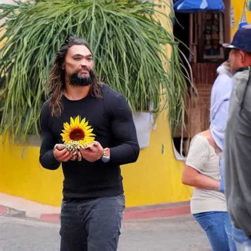 Prompt: Jason Momoa eating sunflower seeds in Candelaria in Tenerife