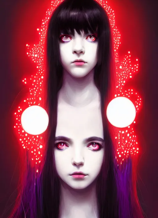 Image similar to portrait of teenage girl, red irises, red eyes, black hair, black and white hair, white bangs, purple clothes, white bangs, bangs, black hair and white bangs, intricate, elegant, glowing lights, highly detailed, digital painting, artstation, concept art, smooth, sharp focus, illustration, art by wlop, mars ravelo and greg rutkowski