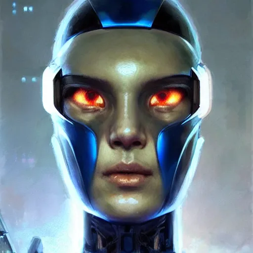 Image similar to robot with glowing blue eye slit as a realistic scifi cyberpunk knight, closeup portrait art by donato giancola and greg rutkowski, realistic face, digital art, trending on artstation, symmetry!!!