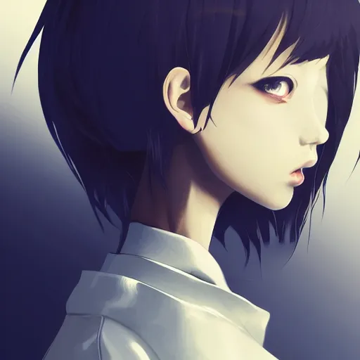 Image similar to shirt art, logo graphic design, frame around pciture, manga style, realistic lighting, futuristic solid colors, made by ilya kuvshinov, sold on sukebannyc, from arknights, front portrait of a girl, elegant, curly hair, shoulder eyes, jpop clothing, sneaker shoes, simple background