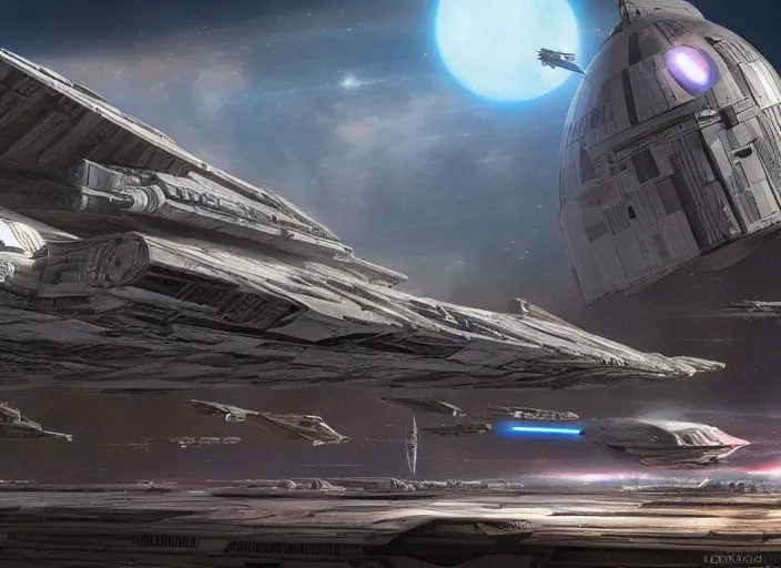 Prompt: a large space ship seen from the surface of a busy metropolis, star wars digital art