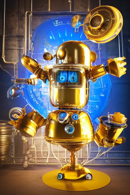 Image similar to portrait photo of a giant golden and blue metal steampunk kitchen robot cook chef with pots and pans and tubes, wearing a big chef hat, eyes are green lights, shiny crisp finish, 3 d render, 8 k, insaneley detailed, fluorescent colors, background is multicolored lasershow