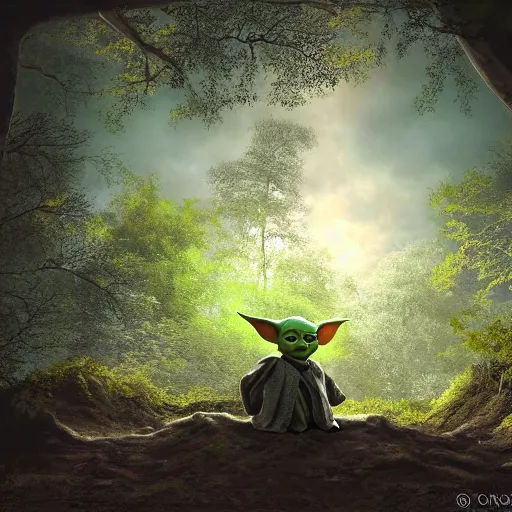 Image similar to high - angle view, shot from 5 0 feet distance, baby yoda on a well lit path in a dimly lit forest. dramatic clouds, setting sun, oil on canvas. light, shadow, depth, volume, chiaroscuro, drama, quiet intensity, realism, digital art